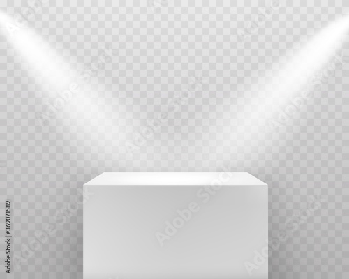 Pedestal with shadow and spotlights isolated on transparent background. White 3d cube podium stand. Vector empty platform mockup