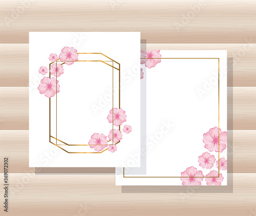 geometric golden lines frames, cards with leaves