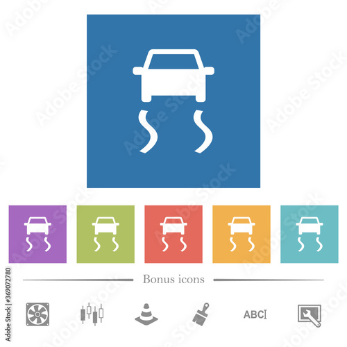 Slippery road dashboard indicator flat white icons in square backgrounds photo