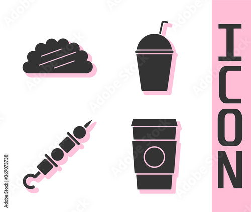Set Coffee cup to go, Taco with tortilla, Grilled shish kebab and Milkshake icon. Vector.