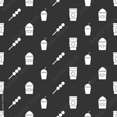 Set Coffee cup to go, Popcorn in box, Meatballs on wooden stick and Milkshake on seamless pattern. Vector.