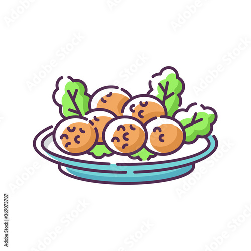 Falafel RGB color icon. Deep fried ball dish. Traditional eastern meal. Japanese tempura. National dish recipe. Fast food. Meat on lettuce. Vegetarian dish. Isolated vector illustration