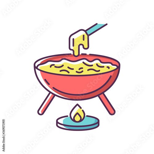 Cheese fondue RGB color icon. French fast food. Traditional european meal. Dunk piece in pot. National swiss liquid dish. Luxury restaurant food. Melted flowing cheese. Isolated vector illustration