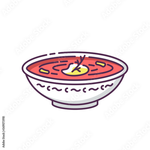 Borscht RGB color icon. Ukrainian national food. Traditional russian recipe. Meal for dinner. Cream soup with seasoning in pot for lunch. European cuisine. Isolated vector illustration