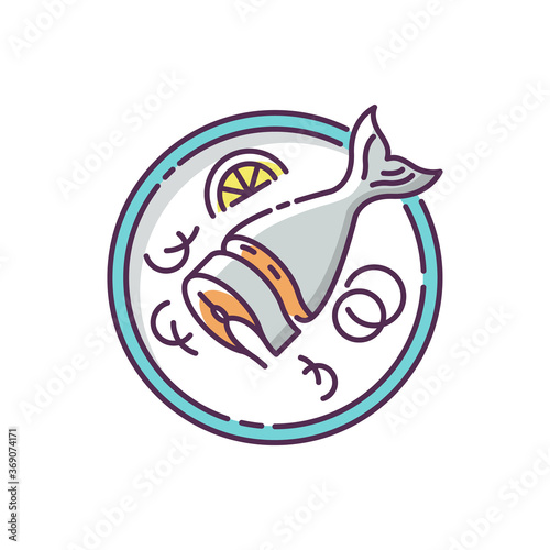 Soused herring RGB color icon. Sliced raw fish. Japanese dish. Salmon piece on crockery. Asian fresh meal for nutrition. Ingredient for dinner recipe. Cook lunch. Isolated vector illustration