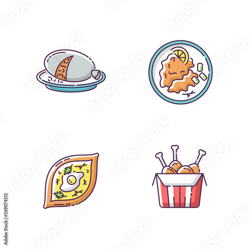 Fast food RGB color icons set. Scottish haggis. Wiener schnitzel. Georgian khachapuri. Tandoori chicken. Fried junk food. Traditional meal for tourist. Isolated vector illustrations