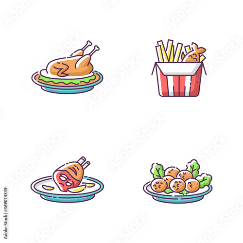 National cookery RGB color icons set. Fast food. Peking duck. British fish and chips. German roasted pork knuckle. Falafel dish. Recipe and ingredient for meal. Isolated vector illustrations
