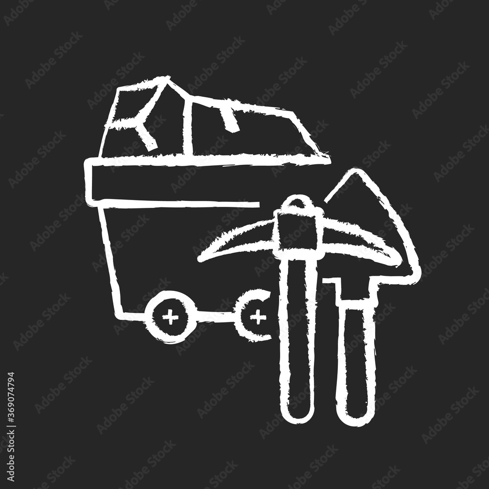 Coal industry chalk white icon on black background. Natural resources exploitation, fossil fuel mining. Colliery equipment, trolley with coal and pickaxe isolated vector chalkboard illustration Coal industry chalk white icon on black background. Natural resources exploitation, fossil fuel mining. Colliery equipment, trolley with coal and pickaxe isolated vector chalkboard illustration