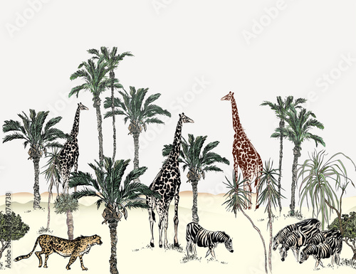 Safari Wildlife Seamless Border, Giraffe, Zebras, Cheetah in Tropical Plants Exotic Landscape Wallpaper Mural, Nursery Panorama View Palms with Animals