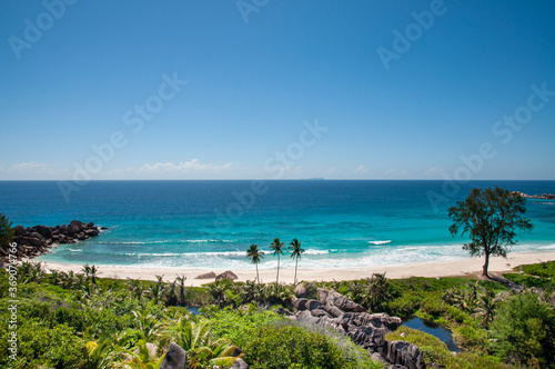Idyllic tropical beach with rocks  palm trees  clear blue sky and horizon over the water in Grand Anse  La Digue island  Seychelles