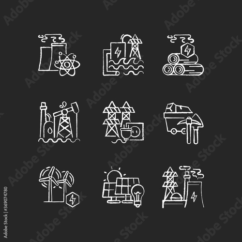 Energy business chalk white icons set on black background. Modern industrial power plants. Traditional and alternative electricity generation stations. Isolated vector chalkboard illustrations