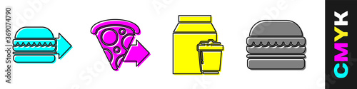 Set Online ordering burger delivery, Online ordering pizza delivery, Online ordering and delivery and Burger icon. Vector.