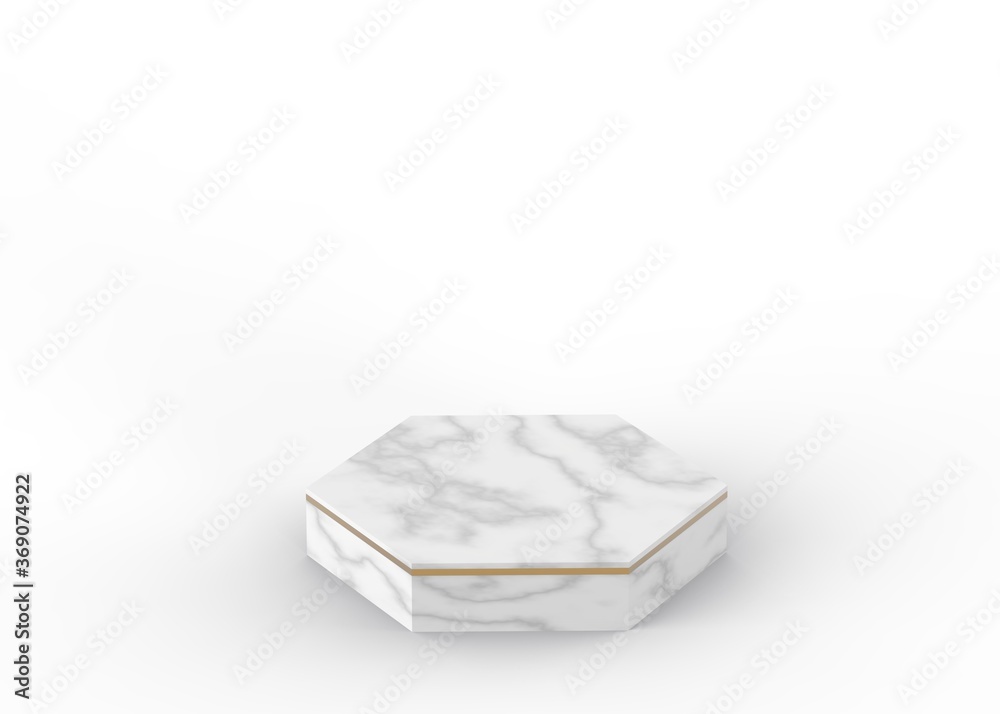 3d white gray hexagon marble and gold podium minimal studio background. Abstract 3d geometric shape luxury object illustration render. Display for cosmetics and beauty fashion product.