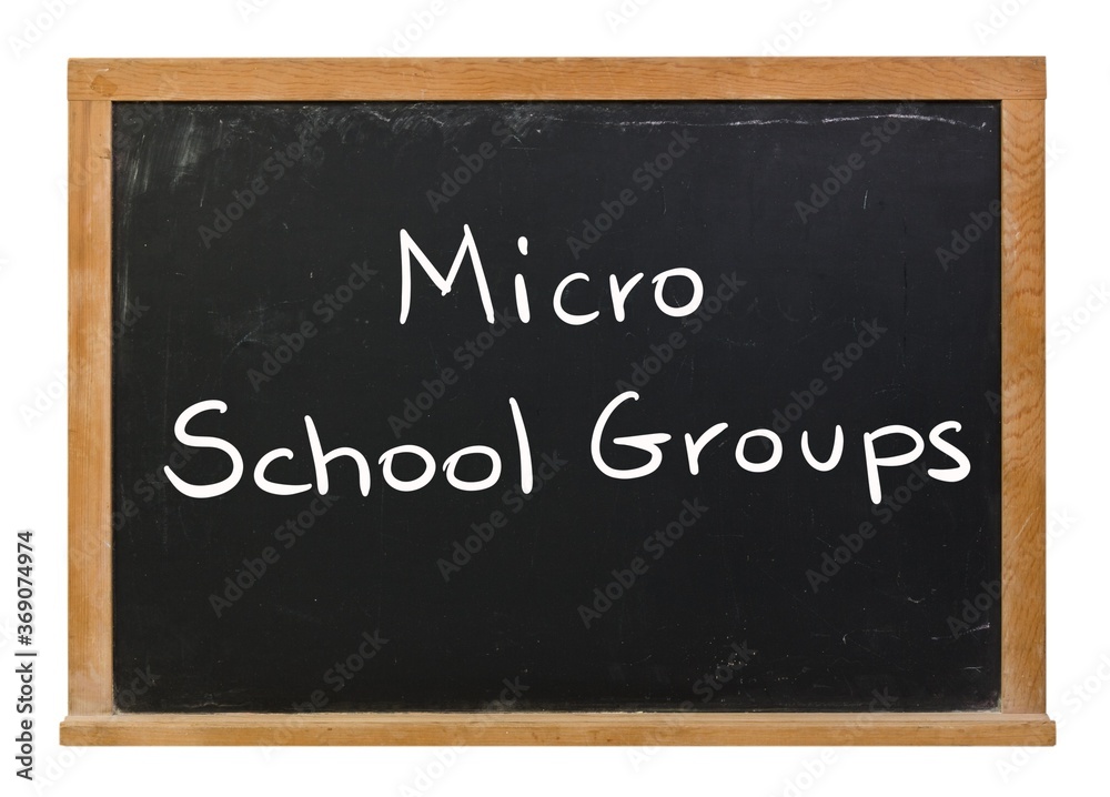 Micro school groups written in white chalk on a black chalkboard isolated on white