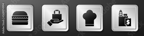 Set Burger, Online ordering and delivery, Chef hat and Online ordering and delivery icon. Silver square button. Vector.