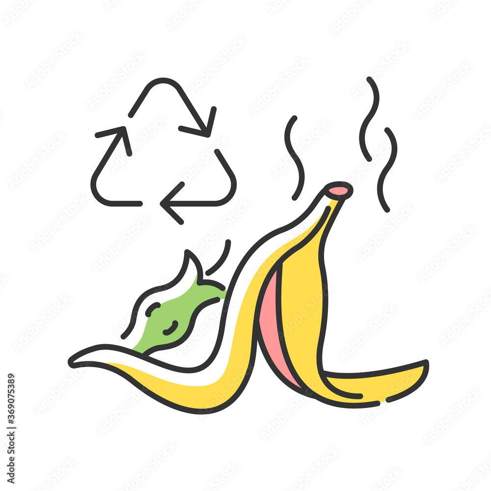 Food waste recycling RGB color icon. Zero waste, responsible consumption. Sorting and recycling leftovers. Banana peel and apple core isolated vector illustration Food waste recycling RGB color icon. Zero waste, responsible consumption. Sorting and recycling leftovers. Banana peel and apple core isolated vector illustration
