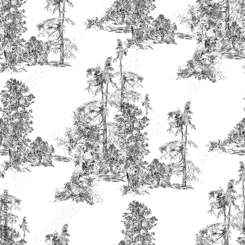 Seamless Pattern Groups with Pine Trees in Forest Pastoral, French Toile Black and White Landscape Hand drawn Engraving Print Monochrome, Vintage Nature Illustration photo