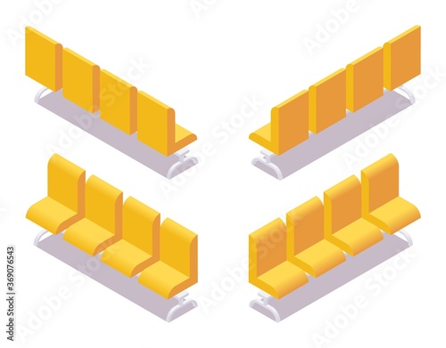 Isometric collection of yellow tribune sits in various foreshortening views isolated on white with shadows