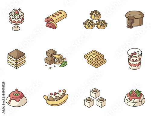 World famous desserts RGB color icons set. Traditional sweets. Turkish delight. Chocolate lava cake. Brownies. Tiramisu. Authentic sweet food. European cuisine. Isolated vector illustrations
