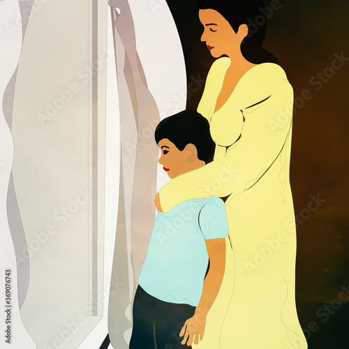 Postać kobiety wyglądającej przez okno i obejmującej synka
