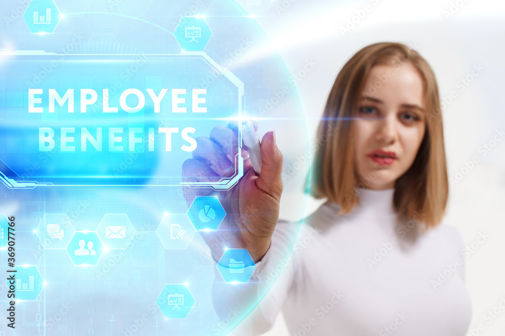 Business, Technology, Internet and network concept. Young businessman working on a virtual screen of the future and sees the inscription: Employee benefits Business, Technology, Internet and network concept. Young businessman working on a virtual screen of the future and sees the inscription: Employee benefits