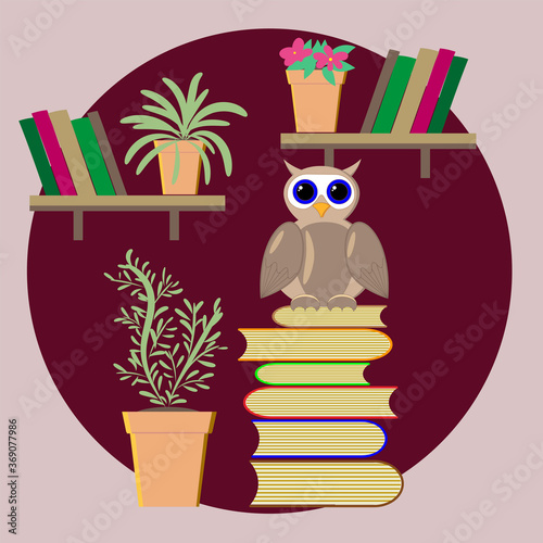 Illustration of an owl sitting on a stack of books against the background of a wall with bookshelves and flowers