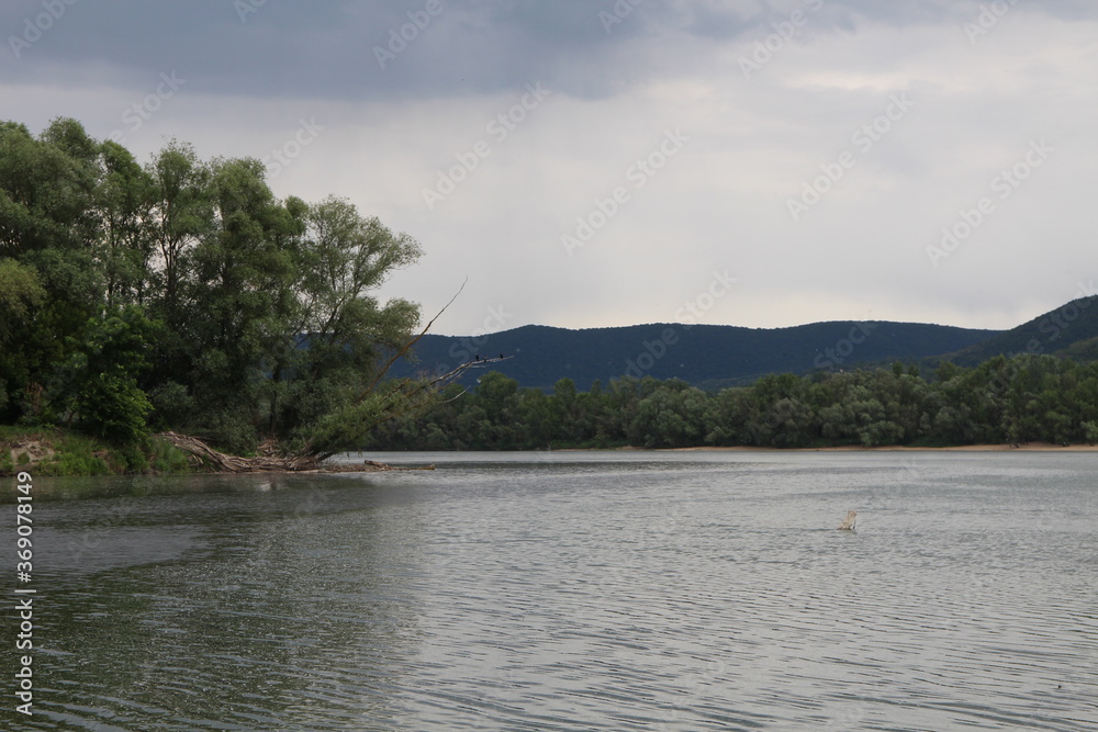 Confluence of Hron river with Danube river near Sturovo, south Slovakia