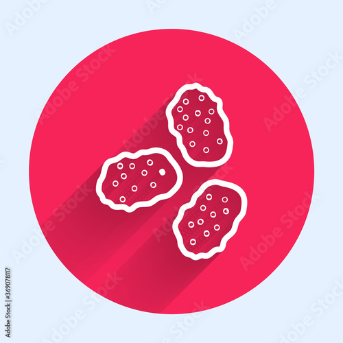 White line Chicken nuggets icon isolated with long shadow. Red circle button. Vector Illustration.