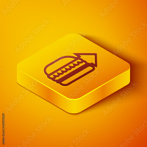 Isometric line Online ordering and burger delivery icon isolated on orange background. Yellow square button. Vector Illustration.