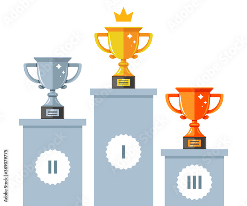 pedestal with cups of first, second and third places. award to the winner of the competition. flat vector illustration isolated on white background.