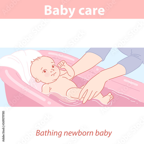 Little baby swim in bath. Baby care and health.