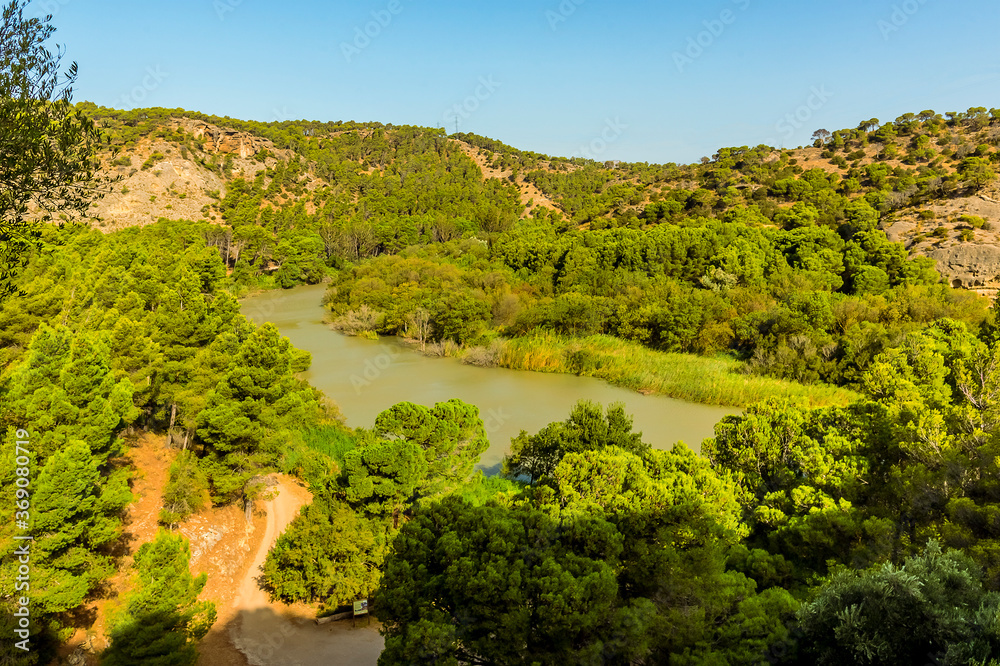 A view of the Gaitanejo river at the start of Caminito del Rey pathway near Ardales, Spain in the summertime