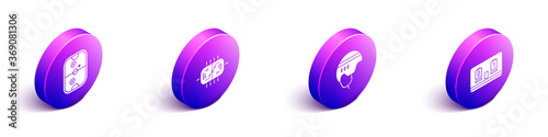 Set Isometric Air hockey table, Hockey table, Hockey helmet and Hockey mechanical scoreboard icon. Vector.