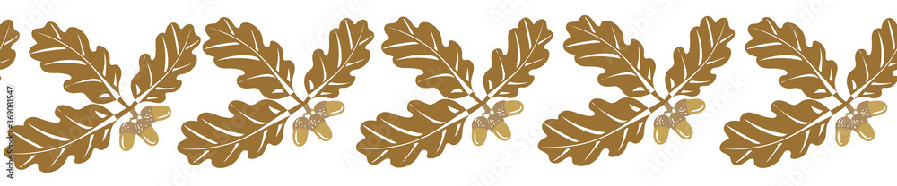 Fototapeta premium Seamless horizontal pattern from an oak tree branch and acorns. Natural theme in autumn.