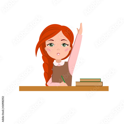 A schoolgirl is sitting at a Desk. The red-haired Girl answers the question. Vector illustration on a white isolated background. Stock image.