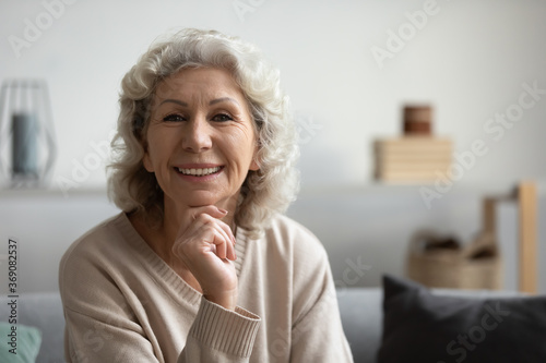 Happy mature woman sit on couch indoors put chin on hand posing smiling looking at camera, baby boomer generation female portrait, medical insurance for older people ad, carefree retired life concept