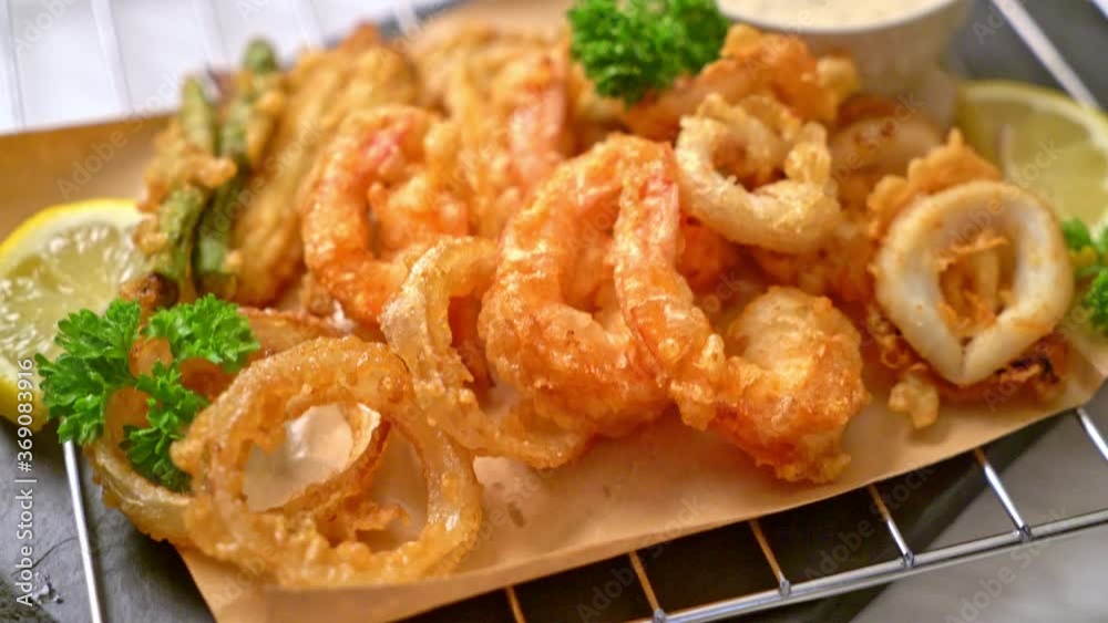 deep fried seafood (shrimps and squid) with mix vegetable deep fried seafood (shrimps and squid) with mix vegetable