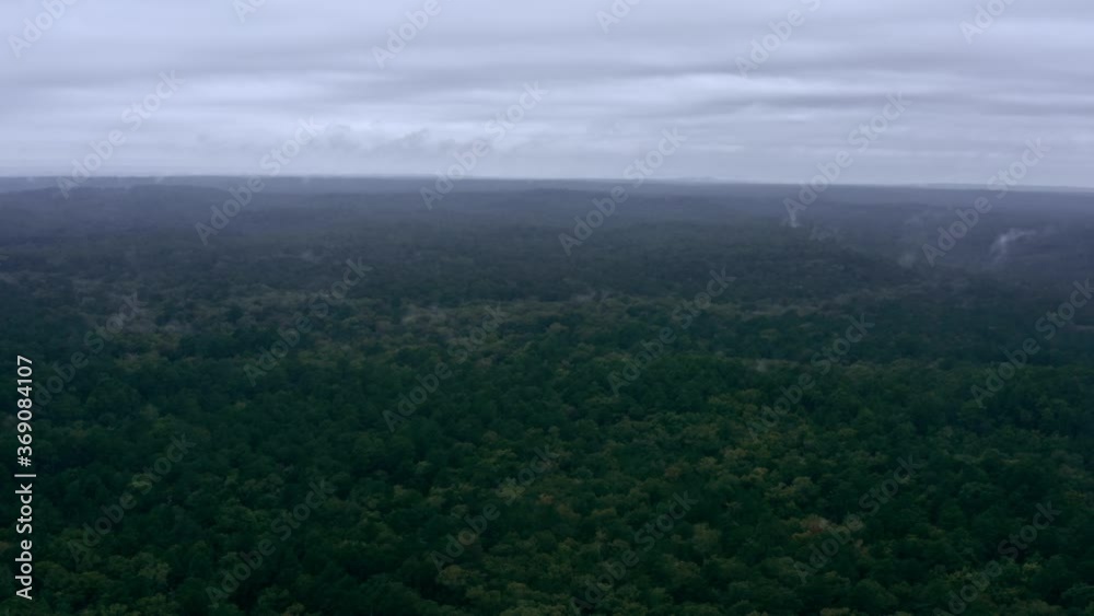 Long Aerial Drone Shot. Overcast. Flying Over a Moody, Foggy Kisatchie National Forest in Louisiana. Long Aerial Drone Shot. Overcast. Flying Over a Moody, Foggy Kisatchie National Forest in Louisiana.