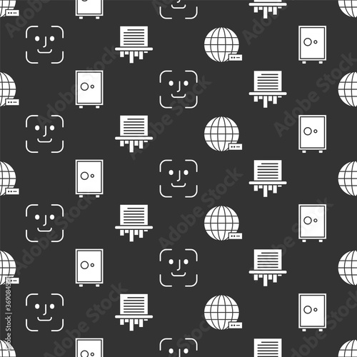 Set Social network, Safe, Face recognition and Paper shredder on seamless pattern. Vector.
