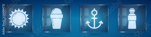 Set Sun, Ice cream in waffle cone, Anchor and Bottle of water. Square glass panels. Vector.