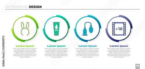 Set Mask with long bunny ears, Personal lubricant, Penis pump and Play Video with 18 plus content. Business infographic template. Vector.
