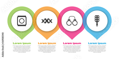 Set Condom in package safe sex, Sex shop, Sexy fluffy handcuffs and Spanking paddle. Business infographic template. Vector.
