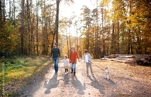 Front view of young family with small children and dog on a walk in autumn forest.