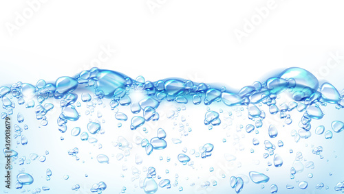 Boiling water, abstract background with air bubbles on liquid surface, dynamic motion, transparent aqua, randomly moving seether or fizzing, template for advertising, Realistic 3d vector illustration