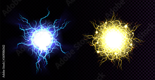Lightning ball, electric strike impact. Vector realistic set of sparking electrical discharge, blue and yellow flashes of energy burst. Thunderstorm lightning sphere isolated on transparent background