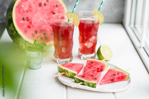 Fresh delicious watermelon sliced with mint and watermelon juice