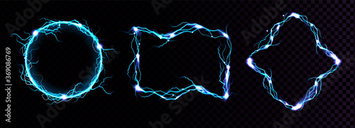 Lightning frames, electric blue thunderbolt borders, magic portals, energy strike. Powerful electrical discharge dazzle isolated on black and transparent background. Realistic 3d vector illustration