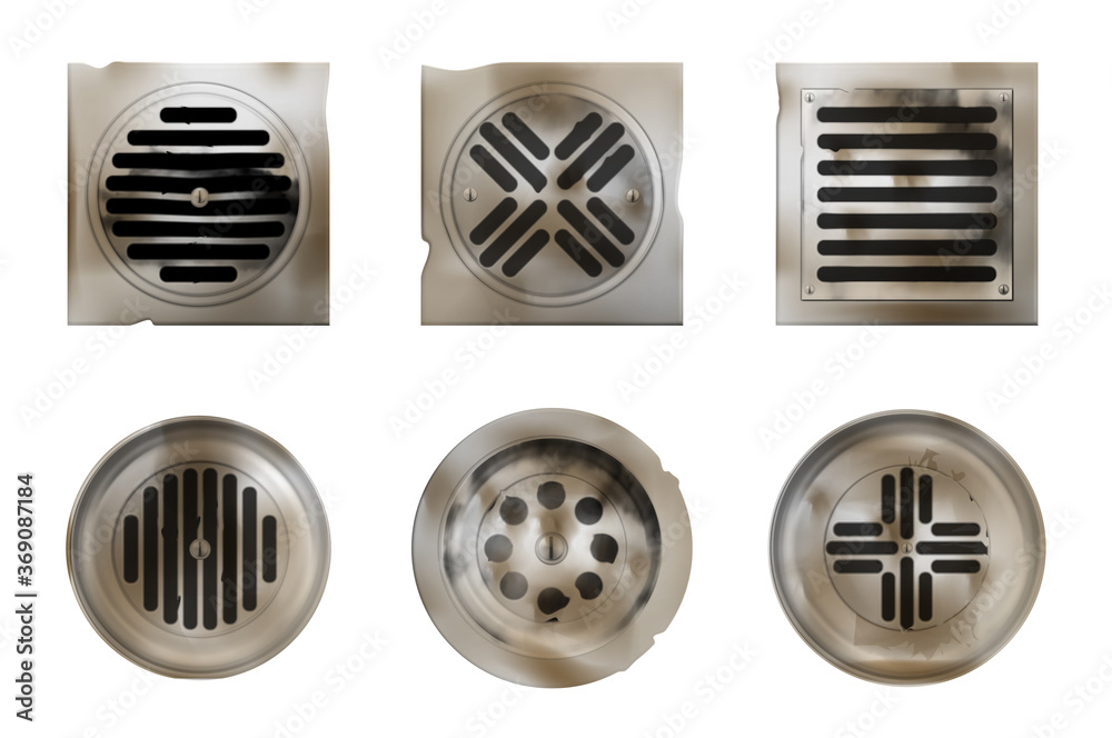 Old shower drainage holes with rusty or dirty covers isolated on white background, steel drain