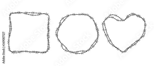 Steel barbwire set. Circle, square and heart shape frames from twisted wire with barbs isolated on white background. Vector realistic borders of metal chain with sharp thorns