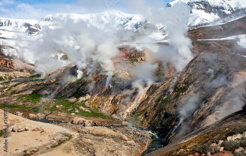 Mountainous terrain and the gas emissions in the Valley of geysers in Kamchatka.